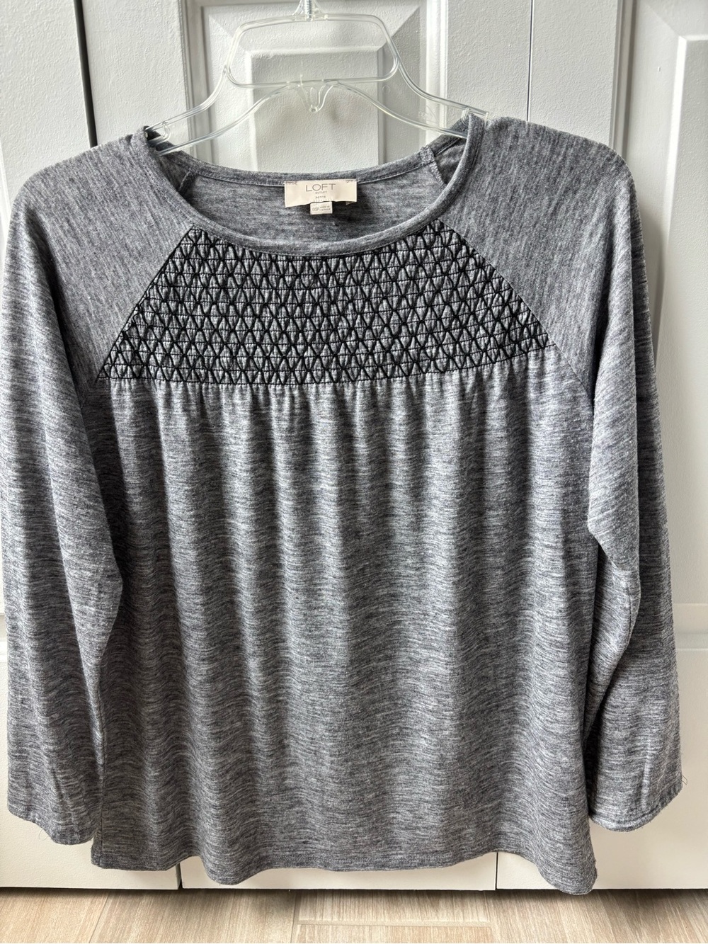 LOFT Outlet XXSP Women's Gray Pullover Top with Embroidered Yoke